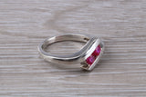 Ruby ring, crossover styled, sterling silver set with two round cut Ruby Cubic Zirconia, Ideal promise, dress engagement ring