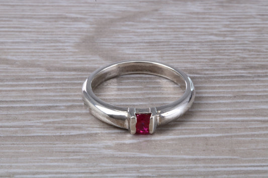 Ruby ring, sterling silver set with round cut Ruby Cubic Zirconia, Ideal promise, dress engagement ring
