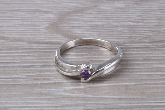 Petite Amethyst ring, sterling silver set with small round cut Amethyst Cubic Zirconia, Ideal promise, dress engagement ring