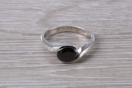Black Diamond look ring, sterling silver set with oval cut Black Diamond look C Z, Ideal promise, dress engagement ring