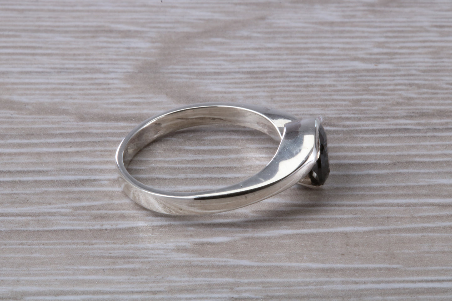 Black Diamond look ring, sterling silver set with oval cut Black Diamond look C Z, Ideal promise, dress engagement ring
