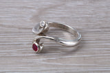 Ruby and Diamond look ring, sterling silver set with round cut Ruby and Diamond Cubic Zirconia, Ideal promise, dress engagement ring
