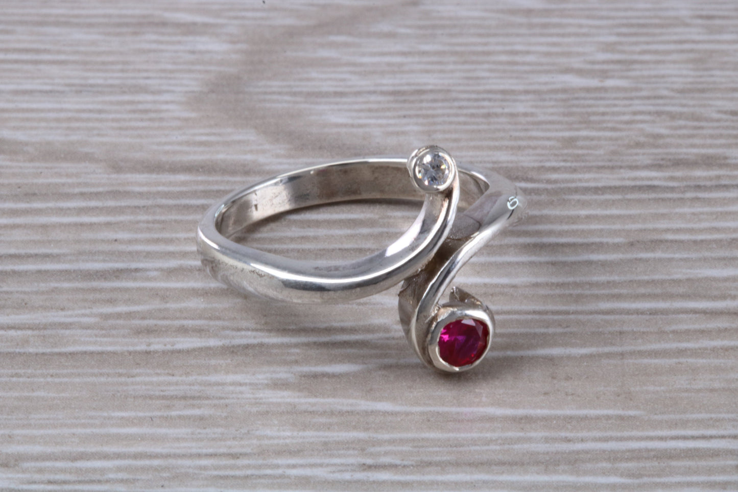 Ruby and Diamond look ring, sterling silver set with round cut Ruby and Diamond Cubic Zirconia, Ideal promise, dress engagement ring
