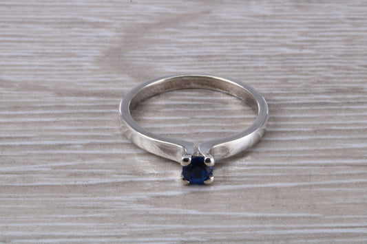 Simple and very elegant real Blue Sapphire look ring, sterling silver set with round Sapphire C Z