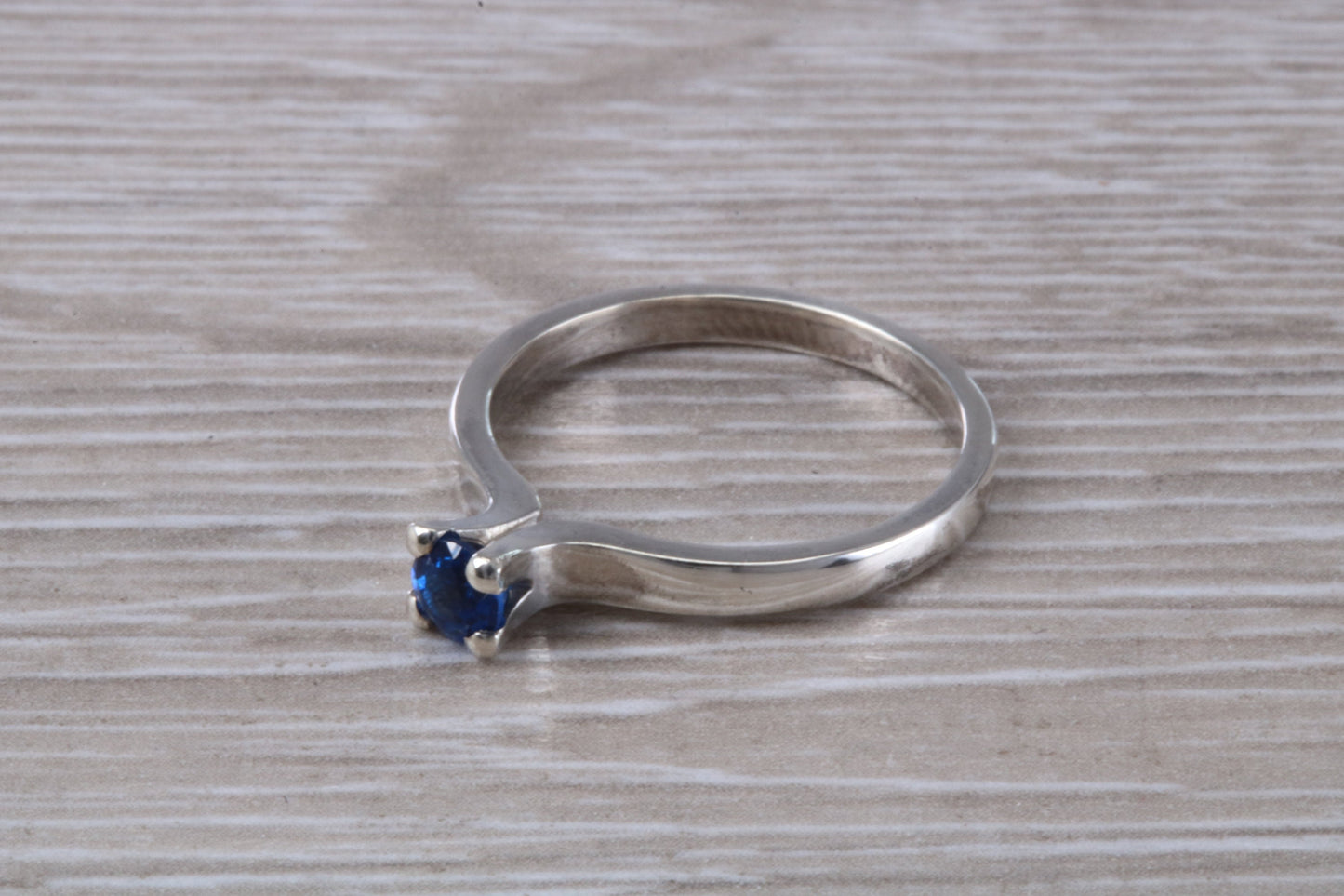 Simple and very elegant real Blue Sapphire look ring, sterling silver set with round Sapphire C Z