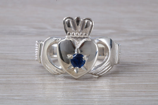 Very large and very heavy stone set Claddagh ring, set with Sapphire Blue C Z, solid silver, suitable for ladies or gents