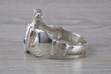 Very large and very heavy stone set Claddagh ring, set with Sapphire Blue C Z, solid silver, suitable for ladies or gents