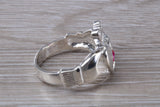 Very large and very heavy stone set Claddagh ring, set with Ruby Red C Z, solid silver, suitable for ladies or gents