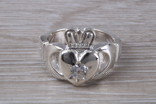 Very large and very heavy stone set Claddagh ring, set with Diamond White C Z, solid silver, suitable for ladies or gents