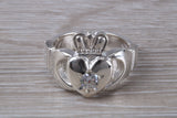 Very large and very heavy stone set Claddagh ring, set with Diamond White C Z, solid silver, suitable for ladies or gents