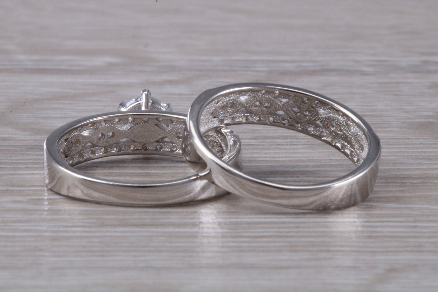 Diamond look Bridal rings set, C Z set in sterling silver and further rhodium plated for that platinum look, engagement and wedding ring set
