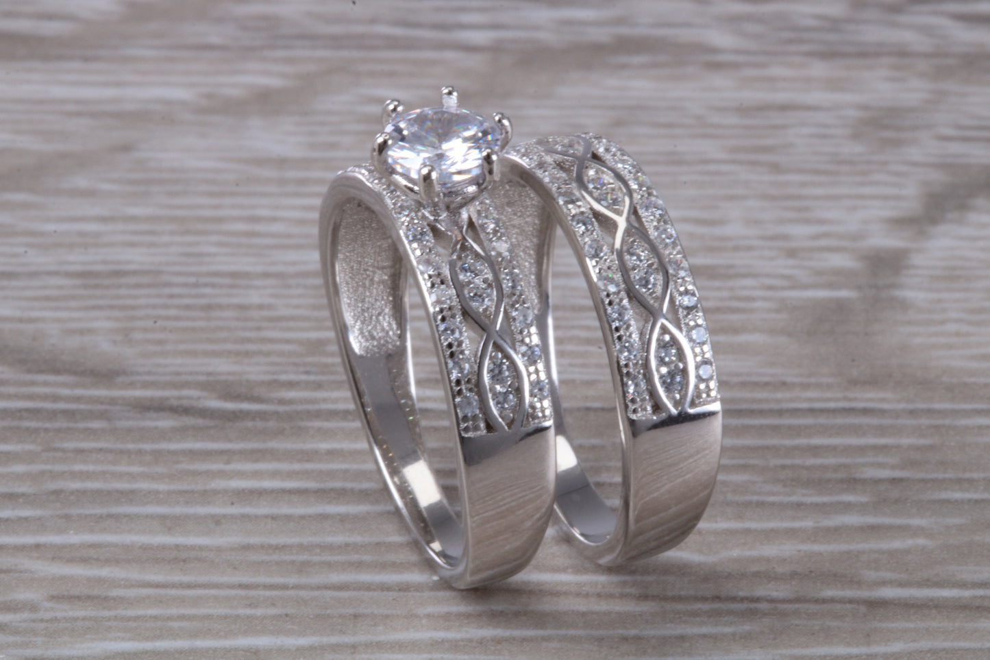 Diamond look Bridal rings set, C Z set in sterling silver and further rhodium plated for that platinum look, engagement and wedding ring set