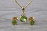 Real Peridot Earrings and Necklace Set, Solid 9ct Yellow Gold
