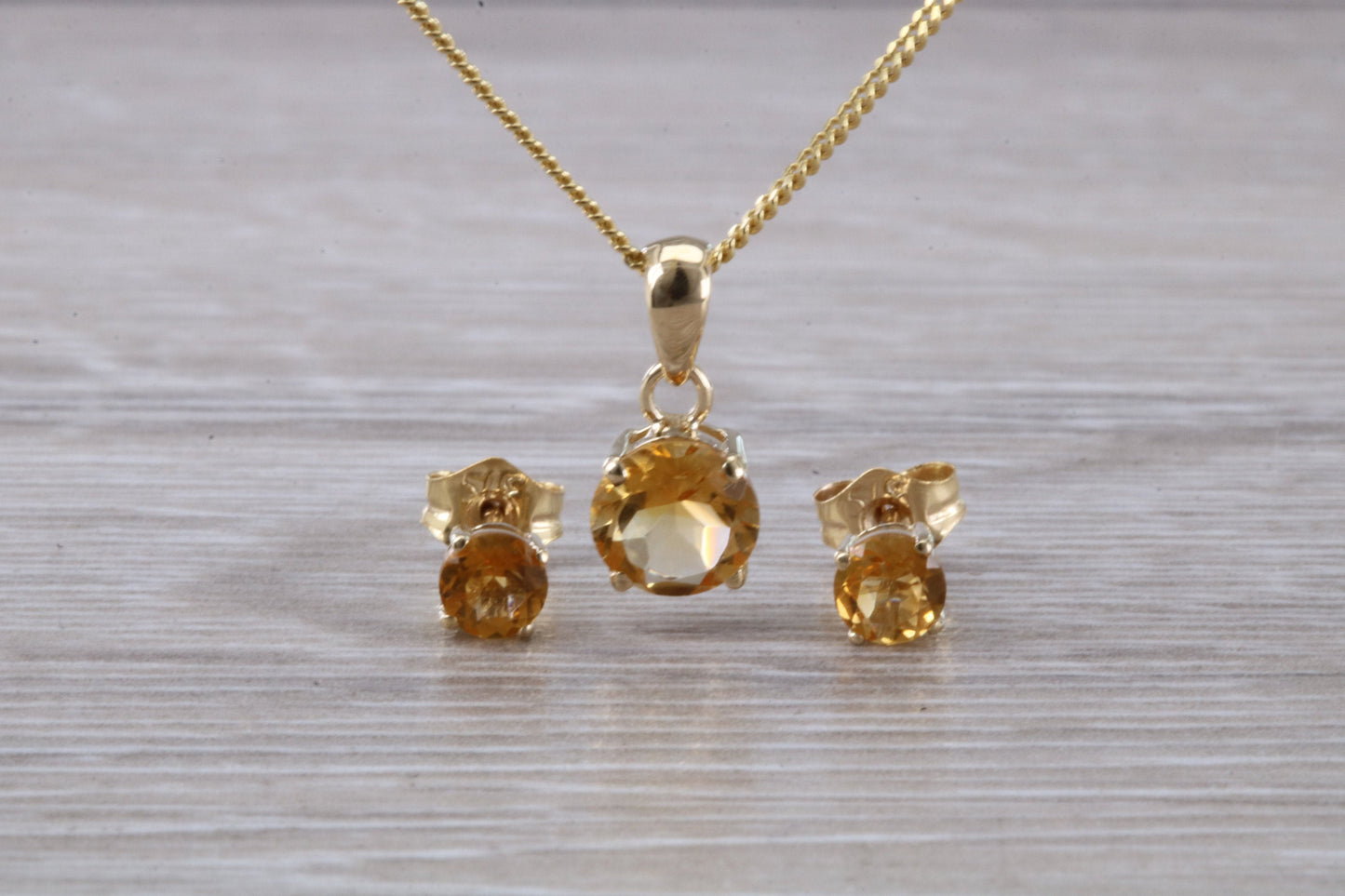 Real Citrine Earrings and Necklace Set, Solid 9ct Yellow Gold