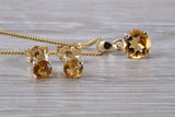 Real Citrine Earrings and Necklace Set, Solid 9ct Yellow Gold