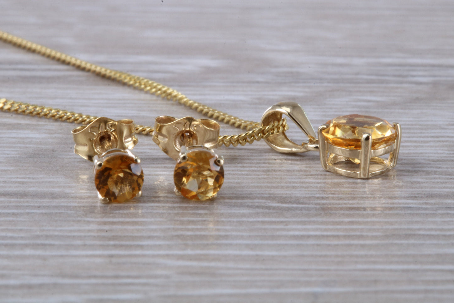 Real Citrine Earrings and Necklace Set, Solid 9ct Yellow Gold