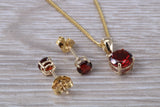 Real Garnet Earrings and Necklace Set, Solid 9ct Yellow Gold