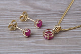 Real Ruby Earrings and Necklace Set, Solid 9ct Yellow Gold