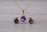 Real Amethyst Earrings and Necklace Set, Solid 9ct Yellow Gold