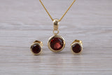 Real Garnet Earrings and Necklace Set, Solid 9ct Yellow Gold