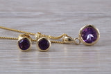 Real Amethyst Earrings and Necklace Set, Solid 9ct Yellow Gold