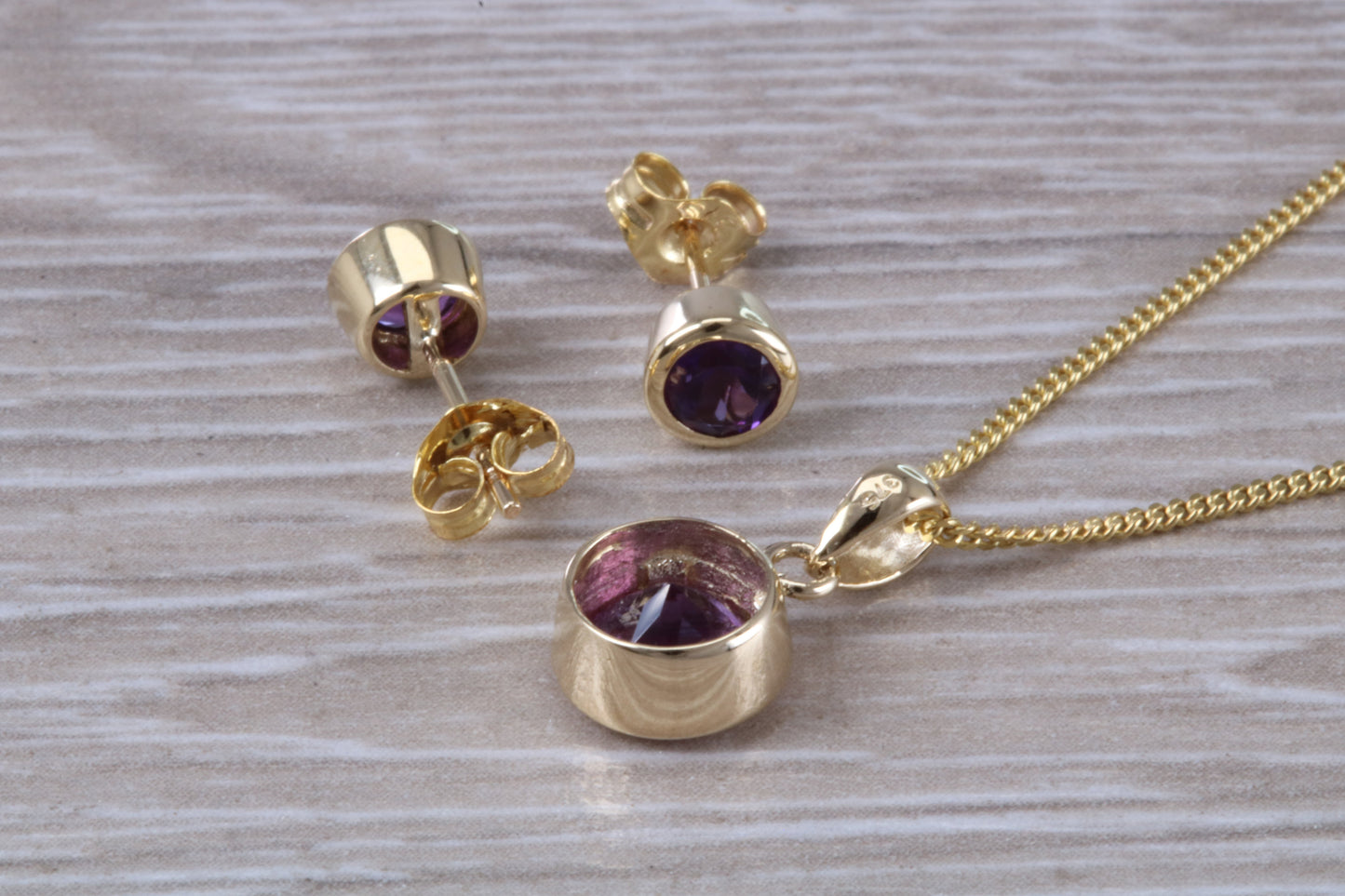 Real Amethyst Earrings and Necklace Set, Solid 9ct Yellow Gold