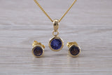 Real Tanzanite Earrings and Necklace Set, Solid 9ct Yellow Gold