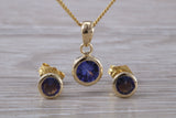 Real Tanzanite Earrings and Necklace Set, Solid 9ct Yellow Gold