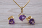 Love Heart Real Amethyst Earrings and Necklace Set, Solid 9ct Yellow Gold
