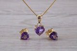 Love Heart Real Amethyst Earrings and Necklace Set, Solid 9ct Yellow Gold