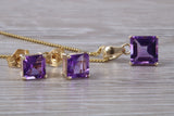 Real Amethyst Earrings and Necklace Set, Solid 9ct Yellow Gold