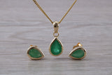 Real Emerald Earrings and Necklace set, Solid 9ct Yellow Gold