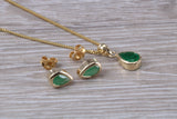 Real Emerald Earrings and Necklace set, Solid 9ct Yellow Gold