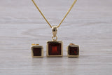 Real Garnet Earrings and Necklace Set, Solid 9ct Yellow Gold