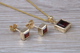 Real Garnet Earrings and Necklace Set, Solid 9ct Yellow Gold