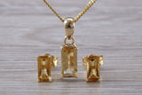 Real Citrine Earrings and Necklace Set, Solid 9ct Yellow Gold