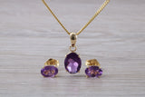 Real Amethyst Earrings and Necklace Set, Solid 9ct Yellow Gold