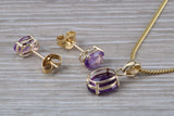 Real Amethyst Earrings and Necklace Set, Solid 9ct Yellow Gold