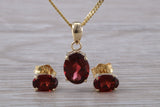 Real Garnet Earrings and Necklace Set, Solid 9ct Yellow Gold