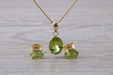 Real Peridot Earrings and Necklace Set, Solid 9ct Yellow Gold
