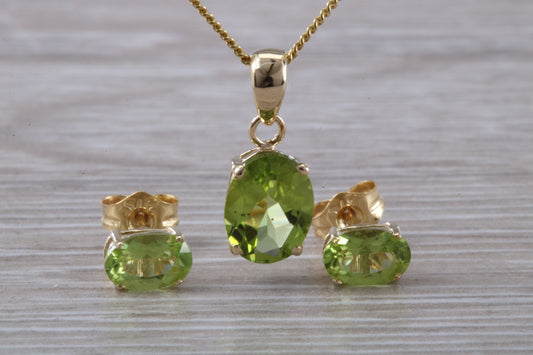 Real Peridot Earrings and Necklace Set, Solid 9ct Yellow Gold