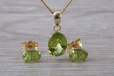 Real Peridot Earrings and Necklace Set, Solid 9ct Yellow Gold