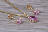 Real Pink Sapphire Earrings and Necklace Set Solid 9ct Yellow Gold