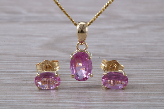 Real Pink Sapphire Earrings and Necklace Set Solid 9ct Yellow Gold