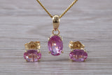 Real Pink Sapphire Earrings and Necklace Set Solid 9ct Yellow Gold
