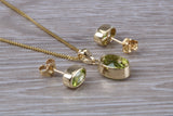 Real Peridot Earrings and Necklace Set, Solid 9ct Yellow Gold