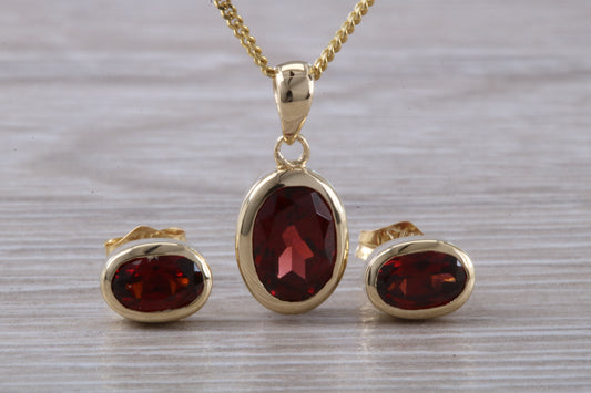 Real Garnet Earrings and Necklace Set, Solid 9ct Yellow Gold