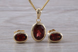 Real Garnet Earrings and Necklace Set, Solid 9ct Yellow Gold