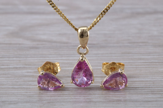 Real Pink Sapphire Earrings and Necklace Set, Solid 9ct Yellow Gold