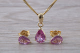 Real Pink Sapphire Earrings and Necklace Set, Solid 9ct Yellow Gold
